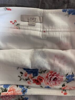 LOFT White Floral Midi Skirt with Blue and Pink Flowers